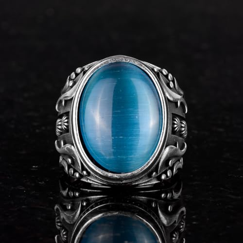 925 Ayar Gümüş Yüzük, Tasarım Gümüş Erkek Yüzük (Artificial Light Mavi Cat's Eye Taş)