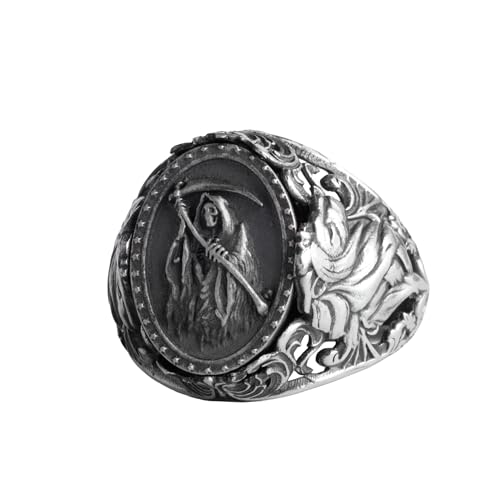 KAMBO Erkekler için Ölüm Meleği Yüzüğü - 925 Ayar Gümüş Ölüm Amblemi Yüzüğü - El Yapımı Gotik Kafatası Tarzı - Oval Mühü