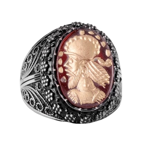 Doğal Akik Taş Shaman Yüzük - Carved Taş American Chief Chief Yüzük, 925 Ayar Gümüş Erkek Yüzük