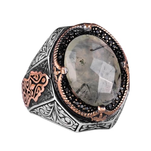 El İşi Prehnit Yeşim Yüzük - Healing 925 Ayar Gümüş Erkek Yüzük - Peace and Insigh (Model-2)