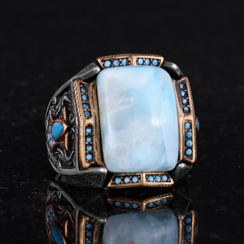 Doğal Larimar Taşlı El İşi Yüzük - 925 Ayar Gümüş (Model-2)