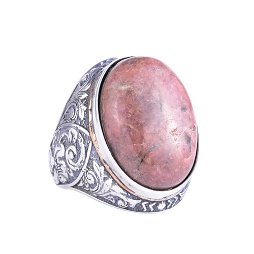 KAMBO Doğal Rodonit Taşlı Büyük Yüzük Erkekler için - Oval Taşlı Vintage Çiçek Kazınmış Bildiri Yüzüğü - 925 Ayar Gümüş