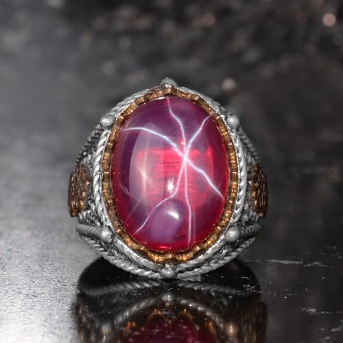 KAMBO Doğal 6 Ray Yıldız Yakut Taşlı Erkek Yüzük 925 Ayar Gümüş Bronz Detaylı Osmanlı Desen El Yapımı Bildiri Yüzüğü