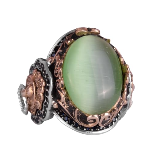 925 Ayar Gümüş Erkek Yüzük - Light Yeşil Cat's Eye Taş - El İşi Yüzük ile Aslan Symbol