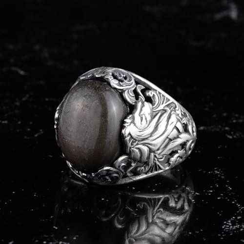 KAMBO Doğal Taşlı Erkek Yüzük 925 Ayar Gümüş - Büyük Çiçek İşlemeli Bildiri Yüzüğü - Erkekler için El Yapımı Vintage Yüz