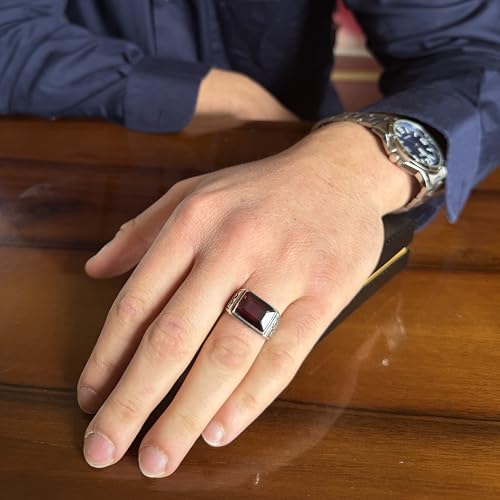 KAMBO Doğal Garnet Taş Erkek Yüzük 925 Ayar Gümüş Dikdörtgen Garnet Yüzük El Yapımı Vintage Stil Bildirimi Takı - 6