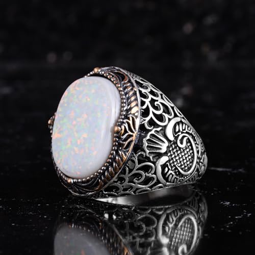KAMBO Sertifikalı Doğal Opal Erkek Yüzük 925 Ayar Gümüş – Osmanlı Esintili Çiçek Desenli Vintage Telkari Bildiri Yüzüğü