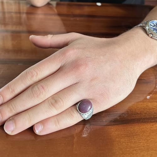 KAMBO Doğal Yakut Taş Erkek Yüzük 925 Ayar Gümüş - Oyulmuş Vintage Tasarım El Yapımı Takı ile Oval Yakut Bildirimi Yüzük