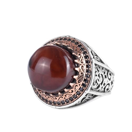 KAMBO Taşlı 925 Ayar Gümüş Erkek Yuvarlak Yüzük Bronz Detaylı Bildirim Yüzüğü Vintage Osmanlı Tarzı El Yapımı Gümüş Erke