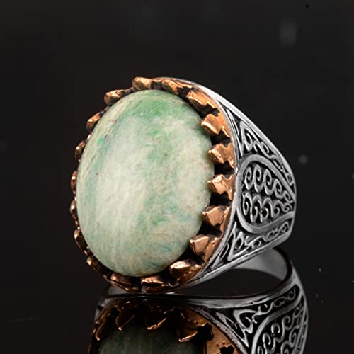 Doğal Amazonite Yüzük, Gümüş Amazonite Yüzük, 925 Ayar Gümüş Erkek Yüzük, Big Yüzük