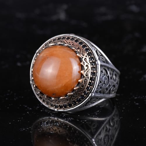 KAMBO Taşlı 925 Ayar Gümüş Erkek Yuvarlak Yüzük Bronz Detaylı Bildirim Yüzüğü Vintage Osmanlı Tarzı El Yapımı Gümüş Erke