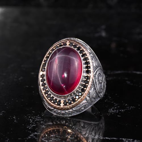 Erkekler için Doğal Taşlı Büyük Yüzük – Oval Taşlı Vintage Bizans Kazınmış Bildiri Yüzüğü-Antik Telkari 925 Ayar Gümüş T