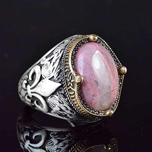Lily Patterned Gümüş Yüzük - 925 Ayar Gümüş El İşi Erkek Takı (Rhodonite)