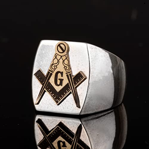 Kambo Erkek 925 Ayar Gümüş Masonic Yüzük ile Altın Tone Emblem