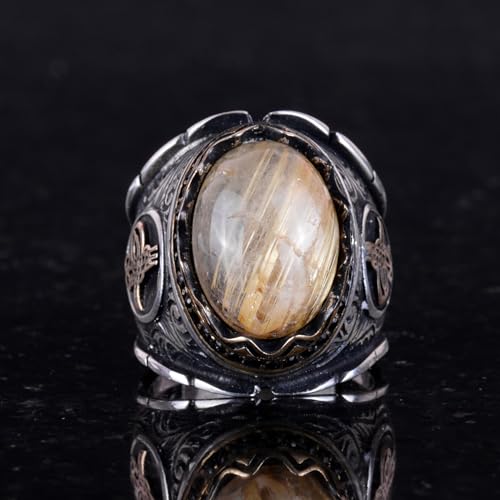 Kabason Doğal Altın Rutilate Kuvars Taş Yüzük - Mystic 925 Ayar Gümüş Erkek Yüzük