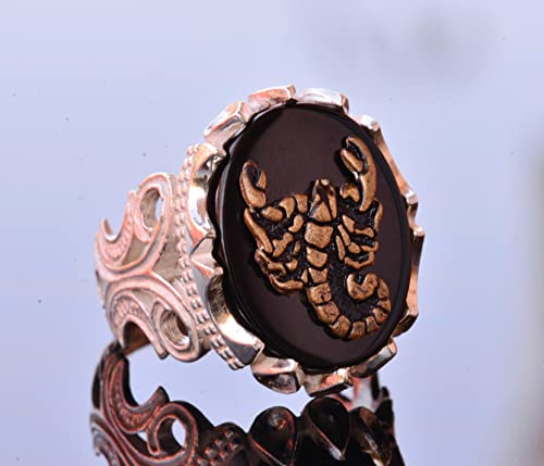 925 Ayar Gümüş Yüzük - Doğal Obsidan Taş Yüzük - Yüzük (Scorpio)