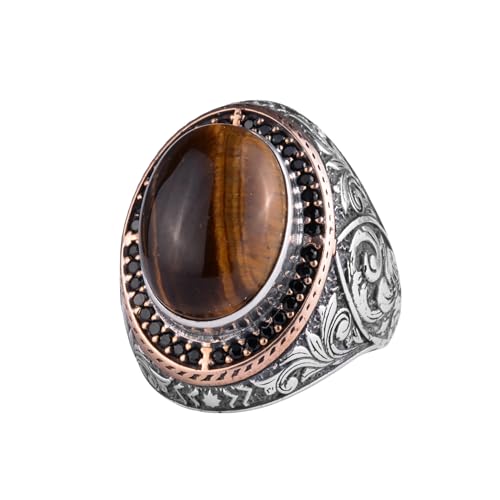 Doğal Taşlı Erkek Büyük Yüzük – Oval Taşlı Vintage Bizans Kazınmış Bildiri Yüzüğü-Antik Telkari 925 Ayar Gümüş Takı (Kap