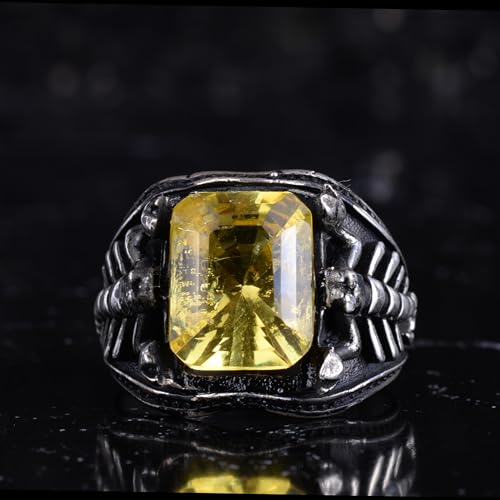 KAMBO Sertifikalı Sarı Safir Akrep Yüzük Erkek - 925 Ayar Gümüş Bildiri Yüzüğü - Doğal Taşlı El Yapımı Gotik Osmanlı Tak