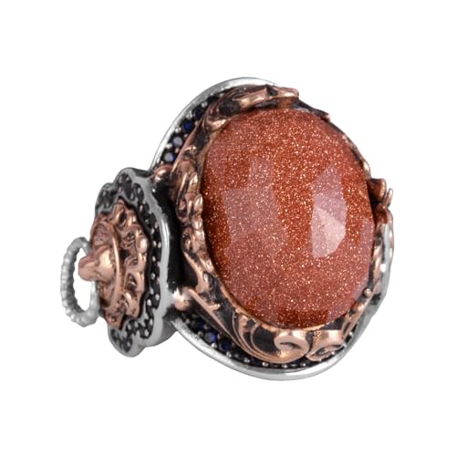 Kahverengi Sunstone Artificial Taş Yüzük, 925K Gümüş Erkek Yüzük, Aslan Symbol Yüzük, Gümüş Fashionable Erkek Yüzük