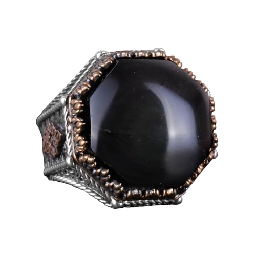 Doğal Obsidyen Taşlı Sekizgen Yüzük - El İşi 925 Ayar Gümüş Takı