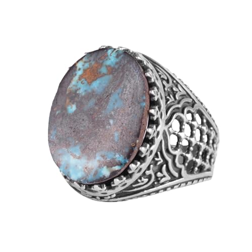 KAMBO Natural Turquoise Gemstone Men's Ring 925 Sterling Silver Spider Web Pattern Oval Cabochon Vintage Handmade Statement Ring (Turquoise-3) - 2