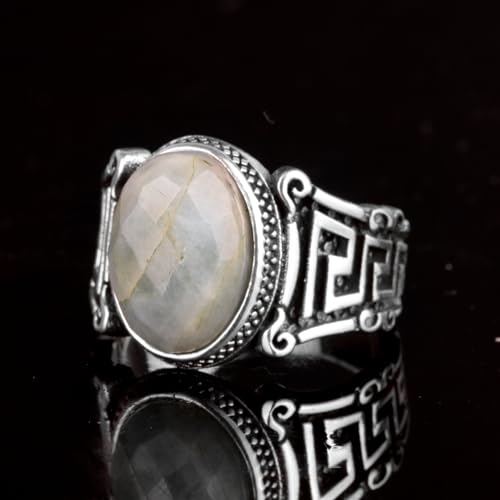 Vintage Akuamarin Değerli Taş Yüzük, 925 Ayar Gümüş Yüzük, Greek Key Tasarım, Healing Kristal Takı