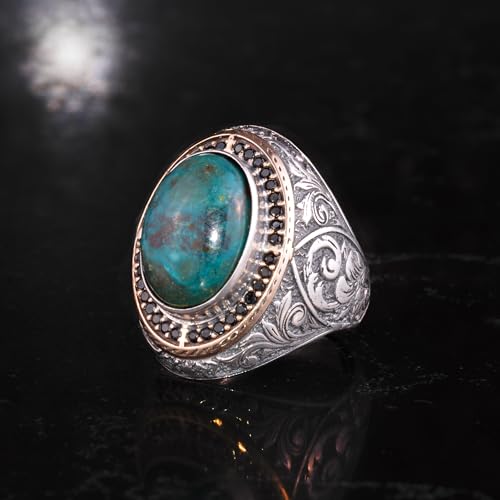 Erkekler için Doğal Taşlı Büyük Yüzük – Oval Taşlı Vintage Bizans Kazınmış Bildiri Yüzüğü-Antik Telkari 925 Ayar Gümüş T