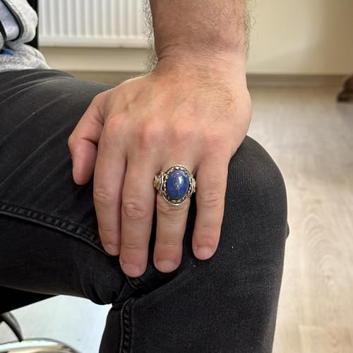 Doğal Lapis Lazuli Taş Yüzük - Aslan Kafası Tasarımı - 925 Ayar Gümüş