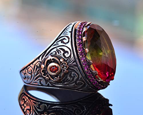 925 Ayar Gümüş King Yüzük - Multi-Colored Artificial Taş - El İşi Erkek Takı