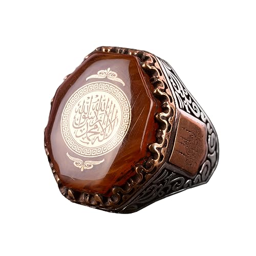 925 Ayar Gümüş Erkek Yüzük - Kehribar Taşlı İslami Tasarım