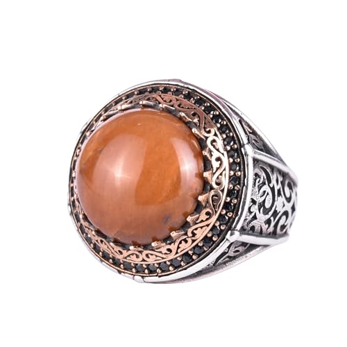 KAMBO Taşlı 925 Ayar Gümüş Erkek Yuvarlak Yüzük Bronz Detaylı Bildirim Yüzüğü Vintage Osmanlı Tarzı El Yapımı Gümüş Erke