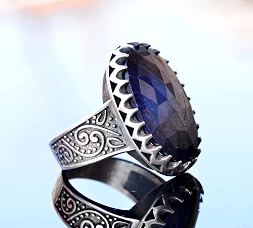 El İşi Doğal Safir Taş Yüzük, 925 Ayar Gümüş Erkek Yüzük - Wisdom and Prosperity Tasarım