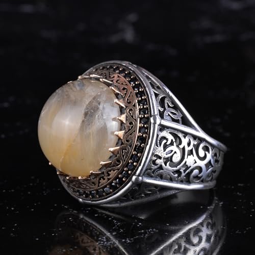 KAMBO Taşlı 925 Ayar Gümüş Erkek Yuvarlak Yüzük Bronz Detaylı Bildirim Yüzüğü Vintage Osmanlı Tarzı El Yapımı Gümüş Erke