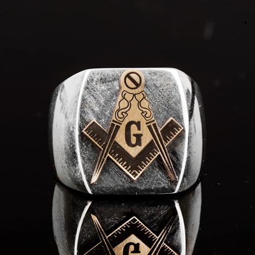 Kambo Erkek 925 Ayar Gümüş Masonic Yüzük ile Altın Tone Emblem