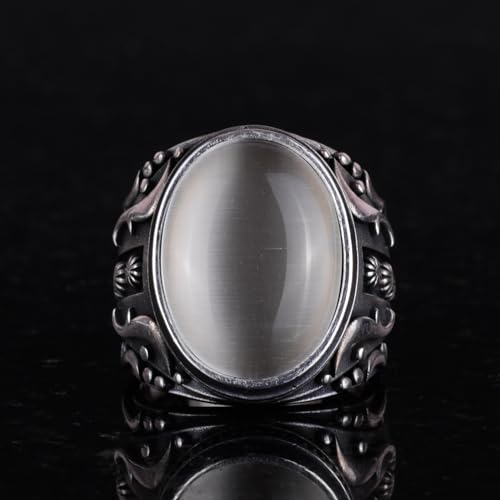 925 Ayar Gümüş Yüzük, Tasarım Gümüş Erkek Yüzük (Beyaz Cat Eye Artificial Taş)