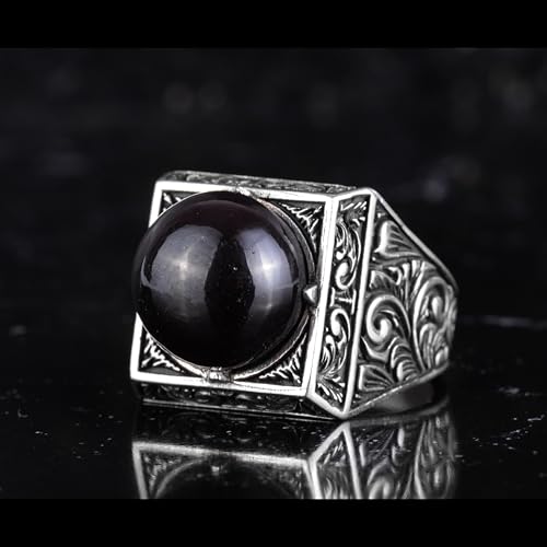 KAMBO Doğal Yuvarlak Taşlı Kare Erkek Yüzük 925 Ayar Gümüş – Osmanlı Desen El Yapımı Taşlı Yüzük (Garnet)