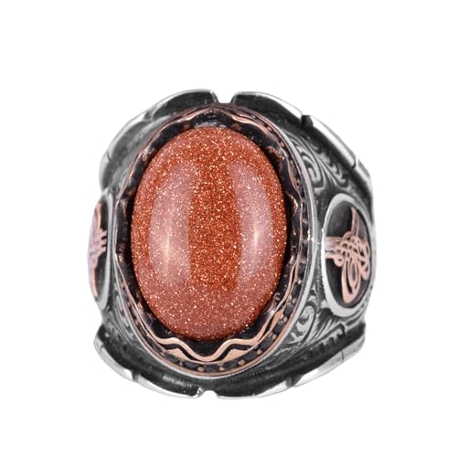 Kahverengi Sunstone Artificial Taş Yüzük, 925 Ayar Gümüş Yüzük, Osmanlı Tugra Gümüş Yüzük
