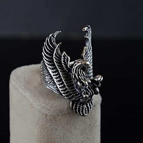 Büyük ve Ağı Gümüş Biker Yüzük - Phoenix ve Ölüm Başı Tasarımı