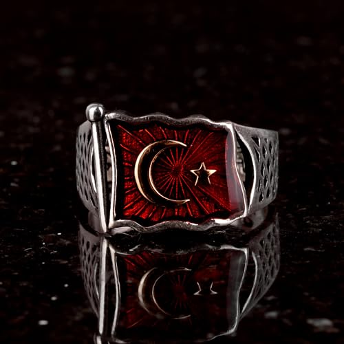 Hilal Yıldız Flag Gümüş Erkek Yüzük, Türk Flag Motif Yüzük, 925 Ayar Gümüş Erkek Yüzük