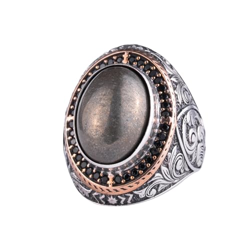 Erkekler için Doğal Taşlı Büyük Yüzük – Oval Taşlı Vintage Bizans Kazınmış Bildiri Yüzüğü-Antik Telkari 925 Ayar Gümüş Takı (Pirit) - 2