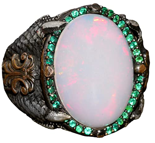Gerçek Doğal Avustralya Opal Taşlı 10.00 Karat Yüzük - Özel Erkek Yüzüğü - Gümüş Büyük Yüzük