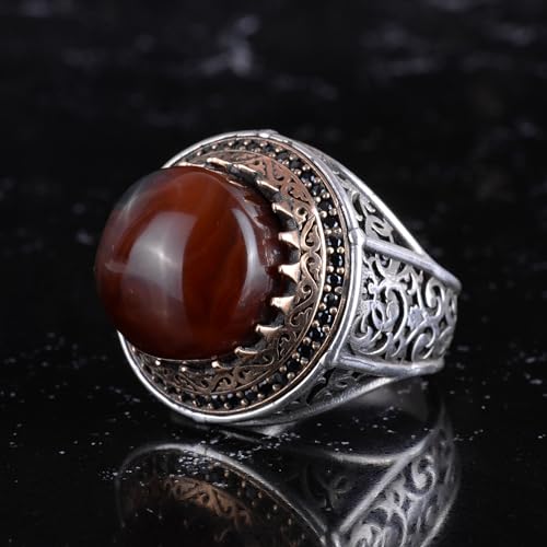 KAMBO Taşlı 925 Ayar Gümüş Erkek Yuvarlak Yüzük Bronz Detaylı Bildirim Yüzüğü Vintage Osmanlı Tarzı El Yapımı Gümüş Erke