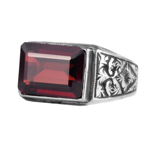 KAMBO Doğal Garnet Taş Erkek Yüzük 925 Ayar Gümüş Dikdörtgen Garnet Yüzük El Yapımı Vintage Stil Bildirimi Takı - 2