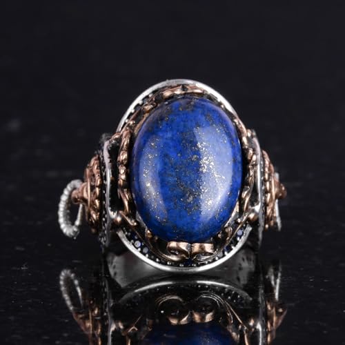 Doğal Lapis Lazuli Taş Yüzük - Aslan Kafası Tasarımı - 925 Ayar Gümüş