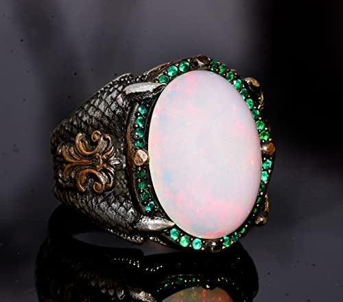 Gerçek Doğal Avustralya Opal Taşlı 10.00 Karat Yüzük - Özel Erkek Yüzüğü - Gümüş Büyük Yüzük