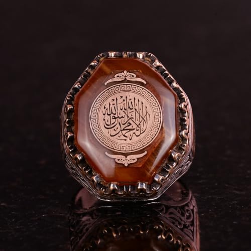 925 Ayar Gümüş Erkek Yüzük - Kehribar Taşlı İslami Tasarım