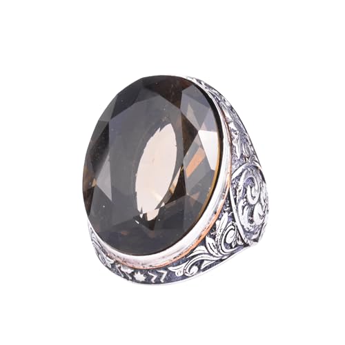 KAMBO Doğal Dumanlı Topaz Taşlı Büyük Yüzük Erkekler için - Yönlü Oval Taş Vintage Kazınmış Bildiri Yüzüğü - 925 Ayar Gü