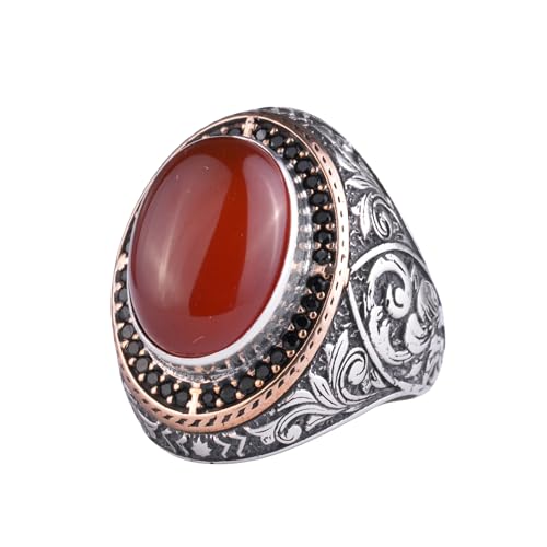 Doğal Taşlı Erkek Büyük Yüzük – Oval Taşlı Vintage Bizans İşlemeli Bildiri Yüzüğü-Antik Telkari 925 Ayar Gümüş Takı (Akik) - 2