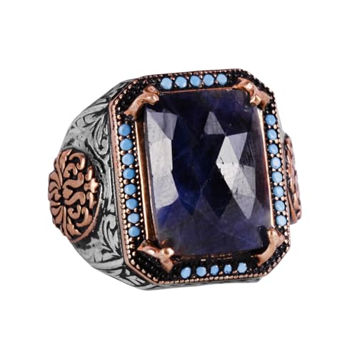 Doğal Safir Taş Yüzük, Rectangular Tasarım - 925 Ayar Gümüş Erkek Yüzük, El İşi Zariflik