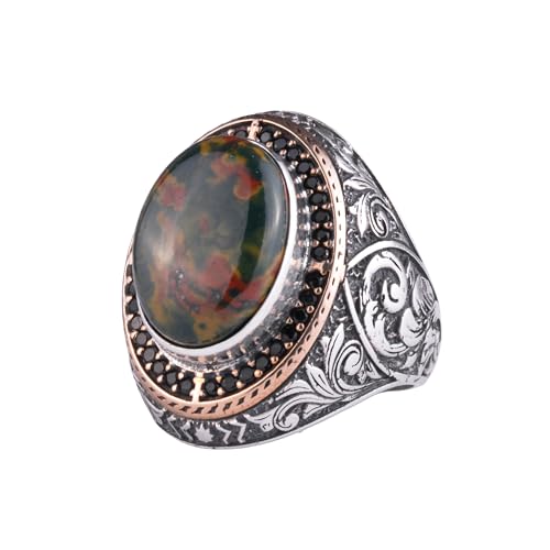 Erkekler için Doğal Taşlı Büyük Yüzük – Oval Taşlı Vintage Bizans Kazınmış Bildiri Yüzüğü-Antik Telkari 925 Ayar Gümüş T